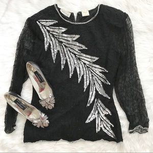Vintage Stenay Black Silver Sequin Blouse Top